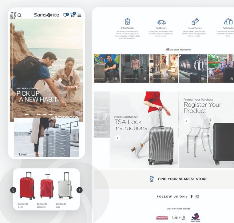 Ecommerce store created by Sweans for Samsonite Kuwait.