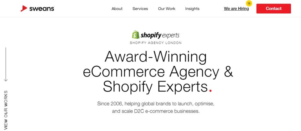 A screenshot from the Sweans Technologies web design and eCommerce marketing agency home page.